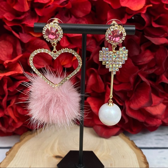 Romantic Crystal Pearl Pink Puff Pom Pom Earrings - Picture 7 of 15